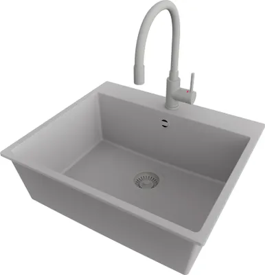Produktbild von PRIMAGRAN Granitspüle Grau 58x50cm, Spülbecken 1 Becken + Küchenarmatur 38x14cm + Ablauf-Set, Küchenspüle ab 60er Unterschrank - Riga