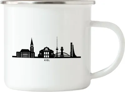 Produktbild von KIEL Skyline Emaille Tasse Souvenir Andenken Deutsche Großstädte Motiv Stadt Silhouette Geschenkidee Umzug