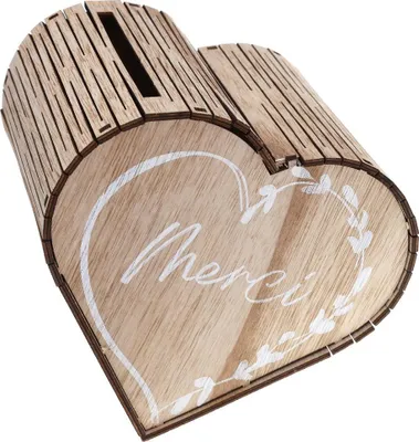 Produktbild von Geldbox aus Naturholz in Herzform für Hochzeitsgeschenke 24 x 24 x 15 cm