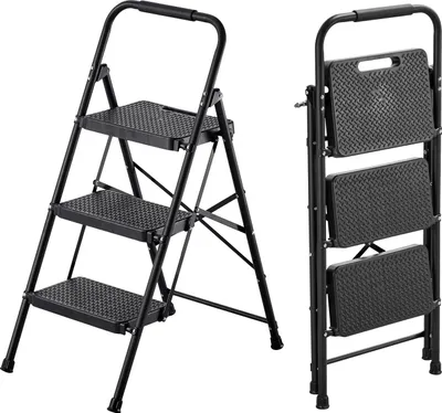 Obrázok produktu pre SucceBuy 3-stupňový rebrík, skladací rebrík s protišmykovými stupňami a ergonomickou rukoväťou, domáci rebrík s nosnosťou 272 kg, skladací rebrík do kuchyne, domácnosti a kancelárie, čierny
