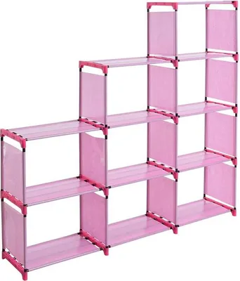 A pink tiered shelf unit against a white background.