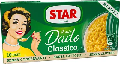 A box of Star brand bouillon cubes, featuring a retro illustration of a woman tasting soup.