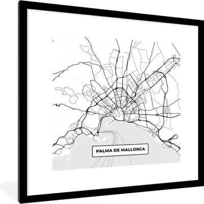 Produktbild von MuchoWow® Gerahmtes Poster Karte - Mallorca - Stadtplan - Schwarz und weiß - Karte 40x40 cm - Poster mit Schwarzem Bilderrahmen Wandposter Rahmen Foto Bilder - Poster - Plakat im Rahmen