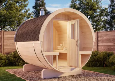 Produktbild von FinnTherm Fass-Sauna Tori aus Holz mit 42 mm Wandstärke besondere Dachform