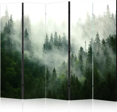 A multi-panel room divider featuring a misty coniferous forest landscape.