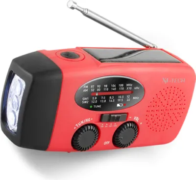 Produktbild von X4-TECH FM/AM Solar-Kurbelradio mit 1W Taschenlampe und Notfallalarm, IPX3 wiederaufladbar USB/Solarpanel/Kurbel