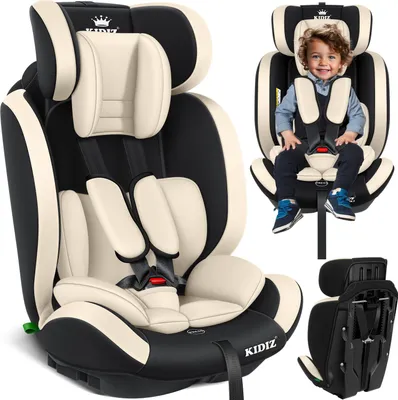 A collage of images showing a KIDIZ car seat from different angles, including one with a child sitting in it.