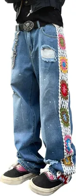Produktbild von Herren Jeans Weites Bein Zerrissen Bestickt Y2K Dunkelblau XL