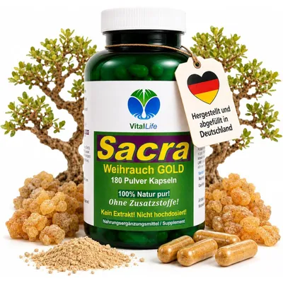 Produktbild von Weihrauch Boswellia Sacra GOLD 180 Pulver Kapseln Natur Pur NICHT hochdosiert KEIN Extrakt OHNE Zusatzstoffe OHNE Füllstoffe.