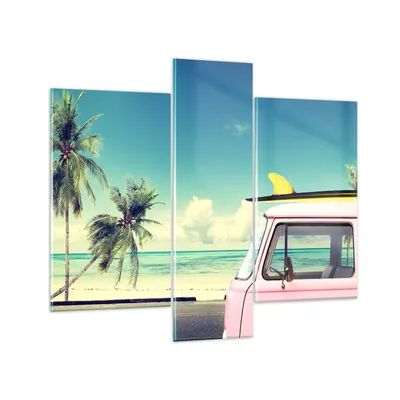 Produktbild von Bilder auf glas - Auto Surfbrett Strand Ozean - 95x80cm - Glasbilder - Wandbilder - Kunstdruck - zum Aufhängen bereit - Wanddekoration aus Glas - Glas Bilder - Wandbild auf Glas - GCB95x80-2835