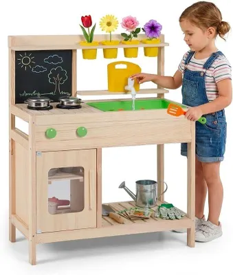 Imagen del producto de Cocina de juguete para niños, cocina infantil con 4 macetas, lavabo y grifo, cocina de madera con espacio de almacenamiento y accesorios de cocina, cocina de juguete, cocina de exterior para niños y niñas a partir de 3 años
