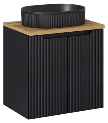 Image de Ensemble VANO 60cm : meuble sous vasque à placards + plan pour vasque aspect chêne + vasque à poser noir mat rainurée