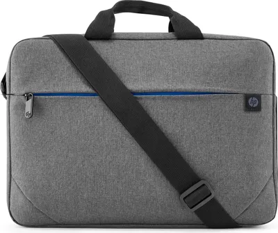 A close-up, front-facing view of a gray HP laptop bag with a black shoulder strap and a blue zipper accent.