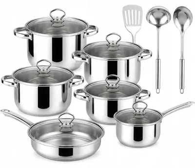 Produktbild von Edelstahl Topfset 15-teilig - Kochtöpfe mit Pfanne und Küchenhelfern - Induktion und Gas