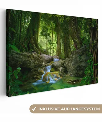 Produktbild von MuchoWow® - Leinwandbilder - Dschungel - Steine - Wasser - Natur - Pflanzen, Wandbild, Wanddeko Bilder Wohnzimmer, 60x40 cm