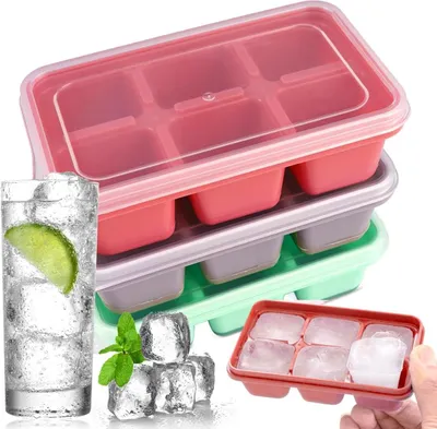 Produktbild von 3 Stück Silikon Eiswürfelform, 11,5x7cm Silikon Eiswürfelbehälter mit Deckel, Eiswürfelformen, Platzsparende und Stapelbare Eiswürfelformen, für Bier, Wein und Babysnacks (3 Farben, 18 Eiswürfel)