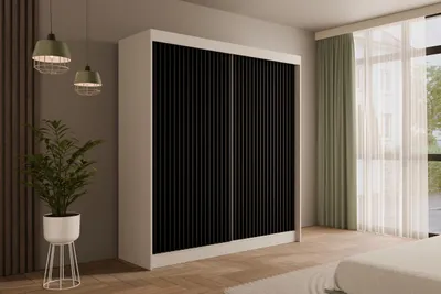 Produktbild von ALTDECOR Kleiderschrank mit Lamel-Schiebetüren, kugelgelagerte Führungsschienen und Aluminium-Leisten - VILANv2 - 200 cm Weiß + Lamelle schwarz