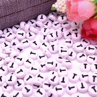 Image de Perles pour lettres, 30 pièces, 4x7 mm, blanc avec noir, rond, lettre T