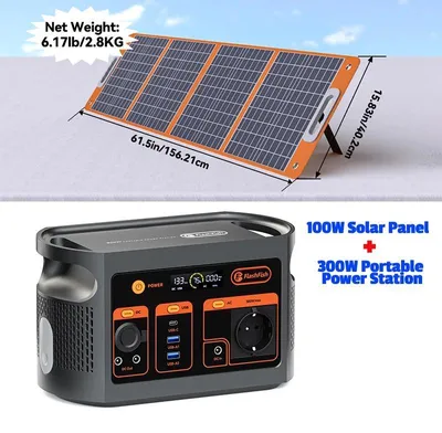 Zdjęcie produktu dla Przenośna stacja zasilająca z generatorem słonecznym – 300 W LiFePO4 179,2 Wh – panel słoneczny 100 W – szybkie ładowanie USB, AC, DC – wtyczka UE – zestaw 300 W + 100 W