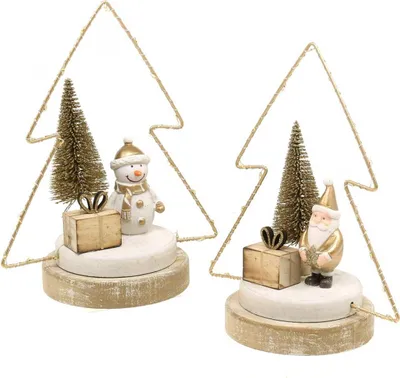 Produktbild von Weihnachtliche LED-Tischdeko Tannenbaummotiv mit Schneemann/Wichtel, Batteriebetrieben, 21cm, 2er-Set, 2 Stück