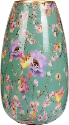 Produktbild von Vase aus glasiertem Metall mit Blumenmotiv, 25 cm, mintgrün, mehrfarbig