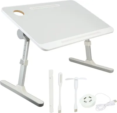 A white laptop bed table with adjustable height and angle, along with several accessories, is displayed against a white background.