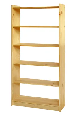 A plain studio shot of a wooden bookshelf.
