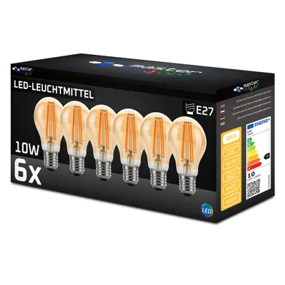 A box of six LED light bulbs with a dark background and product images.