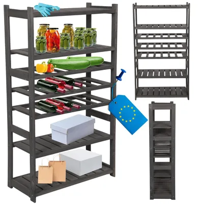 Produktbild von MODO24 Kombiregal Holz, 4 Fachböden, 3 Flaschenablagen, Standregal, Haushaltsregal, Vorratsregal, Massivholz Kiefer, 124,2x70x33 cm, Grau, LSR