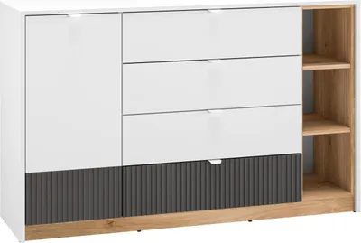 Productafbeelding van FURNLUX aanrichtmeubel Torino, grafiet en wit, en eikenhout, 138 cm / Hoofdkleur: wit / Afmetingen: 138 x 86 x 40 cm