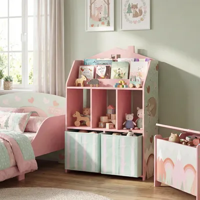 Image de Étagère pour livres pour enfants - Rangement en forme de maison pour livres et jouets - Plusieurs compartiments - Bois - Rose