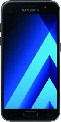 A front view of a Samsung Galaxy A3 2017 smartphone with a blue abstract wallpaper.