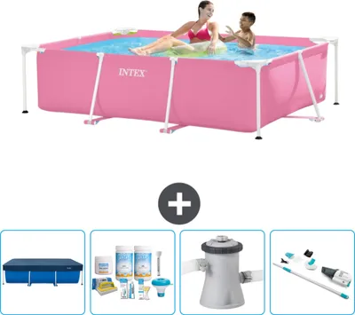 Produktbild von Intex-Schwimmbecken mit rechteckigem Rahmen – 220 x 150 x 60 cm – Rosa – im Lieferumfang enthalten Abdeckung - Wartungspaket - Filterpumpe für Schwimmbad - Staubsauger