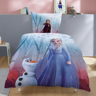 A child's bedroom with Frozen-themed bedding.