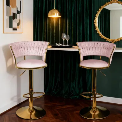 Produktbild von 2er Set Barhocker Barstuhl aus Samt Tresenhocker Bistrohocker Hocker mit Lehne Drehstuhl Barhocker Höhenverstellbar für Küche/Hausbar (Rosa)