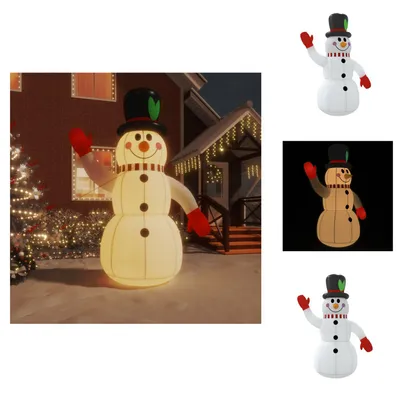 A collage of inflatable snowmen, one in a yard setting with Christmas lights, and two others on white and black backgrounds.