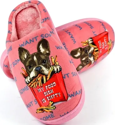 Produktbild von Damen Hausschuhe Französische Pantoffeln Slipper Plüsch Bulldogge Rot Gr.36/37