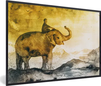 Produktbild von MuchoWow® MuchoWow® Gerahmtes Poster Elefant - Kind - Berg - Aquarell 30x20 cm - Poster mit zchwarzem Bilderrahmen - Kunstdruck - Bild-Poster