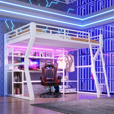 Image de Lit superposé 140 x 200 cm, lit en fer avec bureau intégré, espace de rangement pour vêtements, compartiments de rangement, étagères, barre lumineuse et prise électrique, espace ouvert, couleur blanche