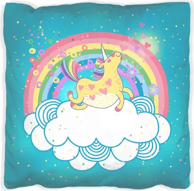 Produktbild von Wallario Premium Kissen, weiche Oberfläche, mit Motiv Lustiges Einhorn auf einer Wolke vor Regenbogen, Größe: 30 x 30 cm, mit weißer Rückseite