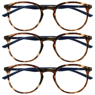 Immagine prodotto di OPULIZE MET: Occhiali da lettura con filtro luce blu, modello unisex, confezione da 3 pezzi. Montatura rotonda, protezione UV400 anti-abbagliamento, cerniere a molla, riducono l'affaticamento visivo. Colore: marrone tartarugato, grado di correzione +2.50