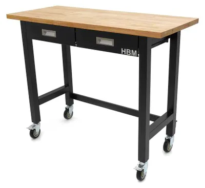 Produktbild von HBM Werkbank, 122 cm, fahrbar, mit 2 Schubladen, Massivholz-Arbeitsplatte, schwarz