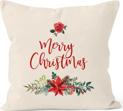 Produktbild von Kissenbezug Weihnachten Merry Christmas Blumen Weihnachtsstern Christstern Kissen-Hülle traditionell Autiga® natur 40cm x 40cm