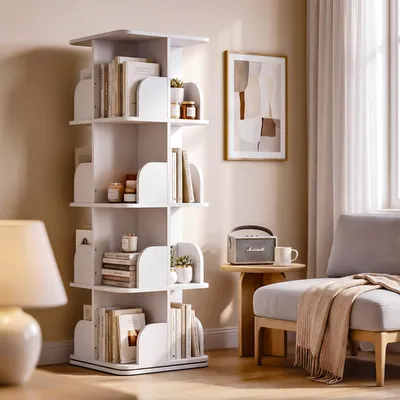 Produktbild von OYAJIA drehbares Bücherregal, Raumteiler Standregal, 360° frei drehbar, 4 Ebenen 16 Fächer, Platzsparend für Wohnzimmer Schlafzimmer Büro, Weiß