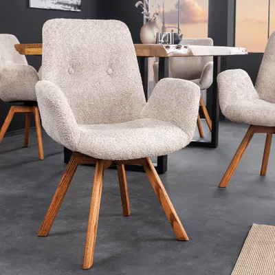Produktbild von riess-ambiente Drehbarer Design Stuhl BALTIC beige Bouclé natur Eiche Massivholz-Beine mit Armlehne Esszimmerstuhl Essstuhl