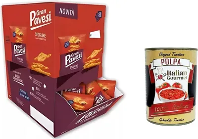 Produktbild von Gran Pavesi Sfogline Cracker mit Barbecue-Geschmack, im Ofen gebacken. Packung mit 35 Einzelportionen à 30 g + Italian Gourmet polpa 400g