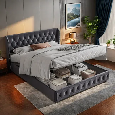 Immagine prodotto di Letto imbottito 160x200cm con rete a doghe, letto a molle idrauliche con rete e contenitore, letto matrimoniale in velluto con contenitore letto funzionale, grigio