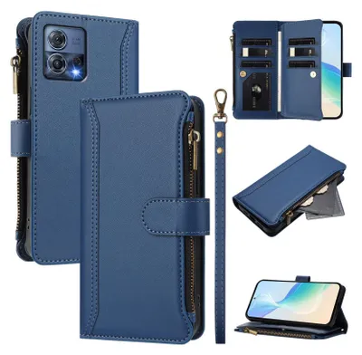 Image de Etui pour Motorola Moto Edge 30 Fusion, zippé, étui portefeuille en cuirPolyuréthaneavec pochettes pour cartes, support et dragonne bleu