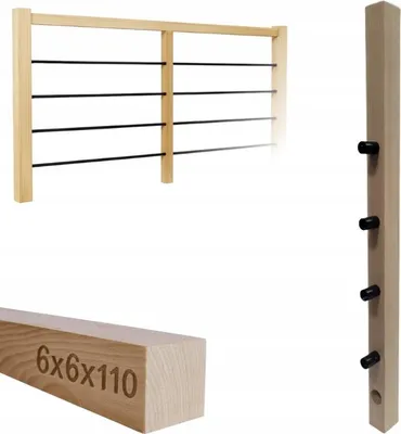 Obrázok produktu pre Štvorhran - Drevený stĺpik - na zábradlie - 6x6x110 cm - Bukové drevo - Kompletná montážna sada - Montáž rúrok ⌀ 25 mm vo vodorovnej polohe