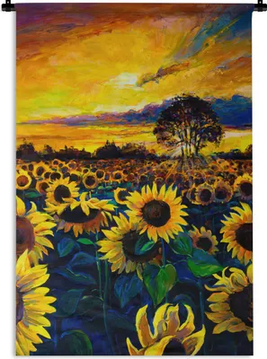 Produktbild von MuchoWow® Wandteppich Wandbehang Gemälde - Ölfarbe - Blumen - Sonnenblume 120x180 cm Tapisserie Dekoration Wandtuch - Schlafzimmer - Dekorationen für das Haus